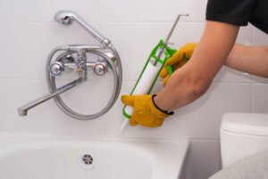 A person wearing yellow gloves cleans a bathtub with a tool, demonstrating the detailed work often recommended by a skilled bath remodel contractor to maintain bathroom quality.